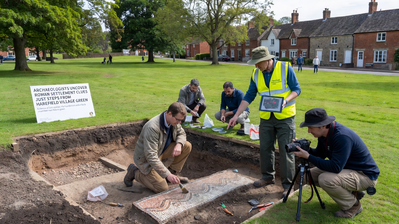 Close-up of Roman pottery shards and coins unearthed during the Harefield excavation