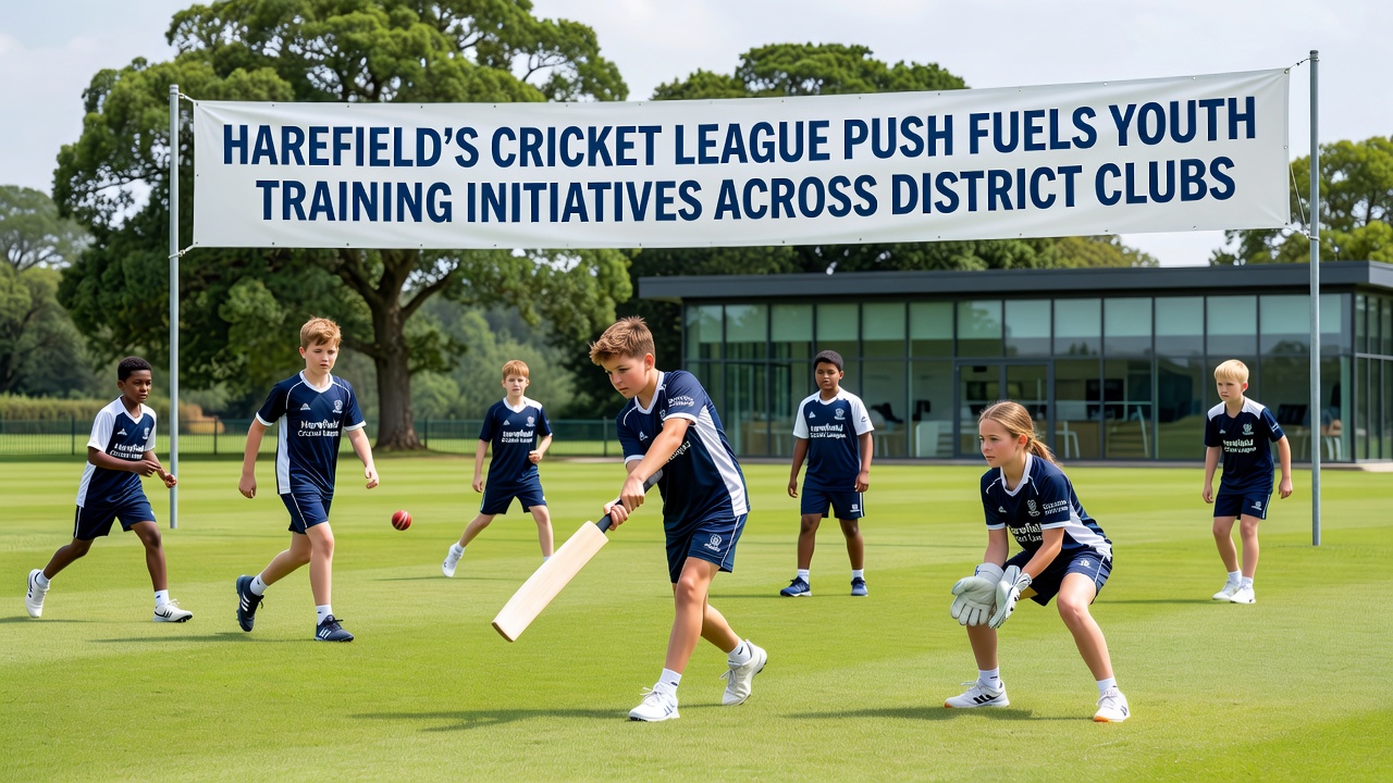 Coaches demonstrating fielding drills to a group of young players on a Harefield cricket pitch